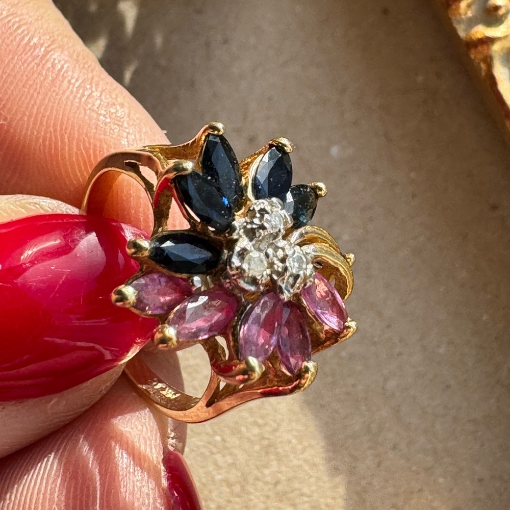 14K Yellow Gold, Pink and Blue Sapphires and Diamonds Ring 4.2g - Picture 13 of 14